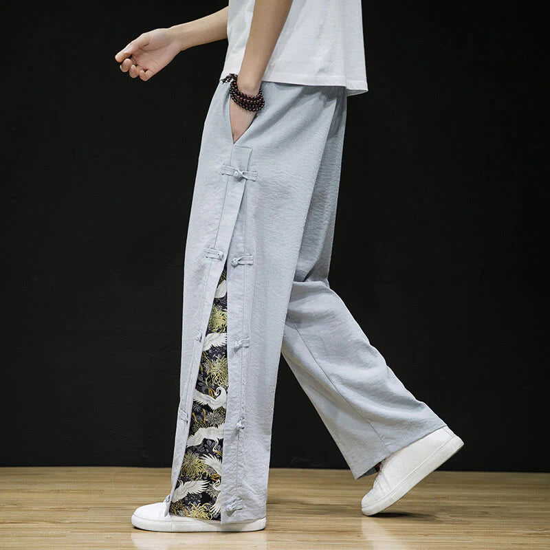 Buddha Stones Casual Patchwork Crane Pattern Frog-Button Design Men's Wide Leg Pants With Pockets