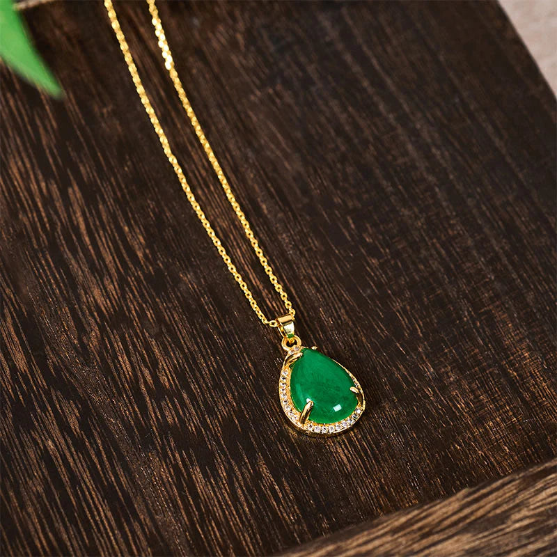 Buddha Stones 925 Sterling Silver Chain Retro Green Agate Copper Teardrop Luck Wealth Necklace Pendant