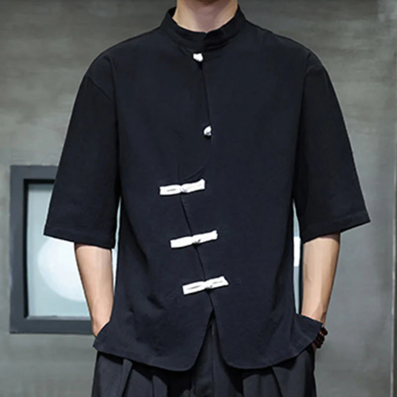 Buddha Stones Plain Chinese Frog-Button Stand Collar Cotton Linen Men's Half Sleeve Shirt
