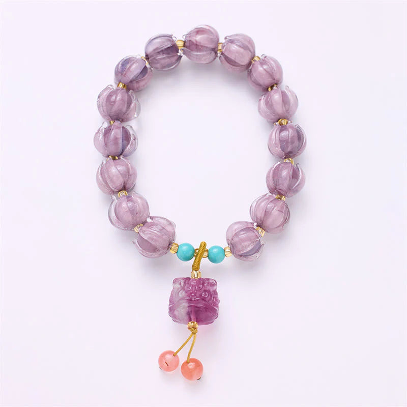 Buddha Stones Liuli Glass Bead Lotus Design Fluorite Ivory Fruit Dancing Lion Charm Enlightenment Bracelet