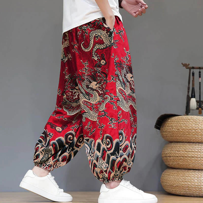 Buddha Stones Summer Dragon Drawstring Design Cotton Linen Men's Harem Pants With Pockets