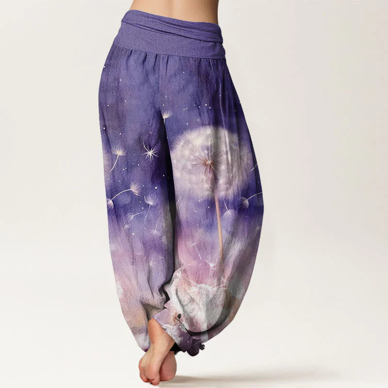 Buddha Stones Cotton Casual Dandelion Pattern Women's Elastic Waist Harem Pants
