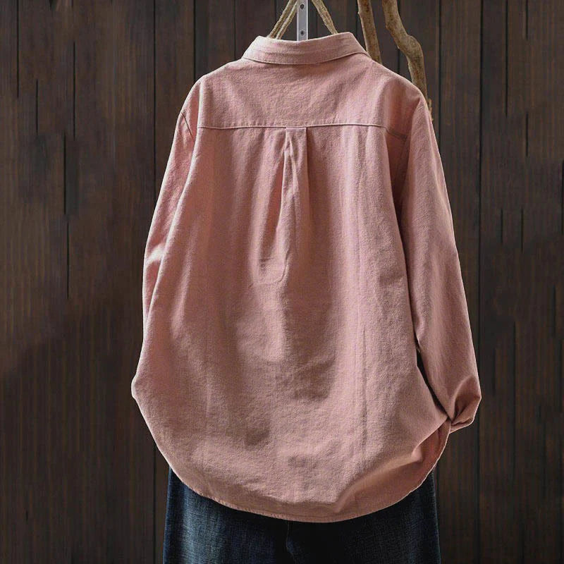 Buddha Stones Fall Solid Color Button Down Stand Collar Long Sleeve Women's Cotton Shirt