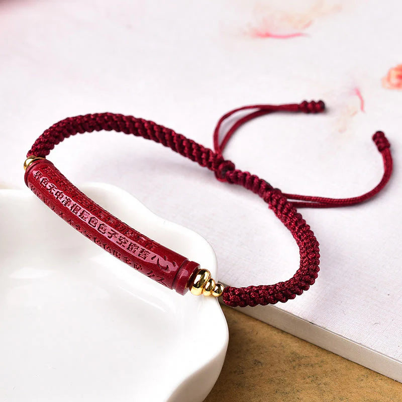 Buddha Stones Handmade Cinnabar Om Mani Padme Hum Heart Sutra Blessing Braided Bracelet