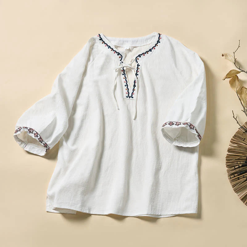 Buddha Stones Summer V-Neck Embroidery Lines Lace-up Cotton Women's Half Sleeve Shirt