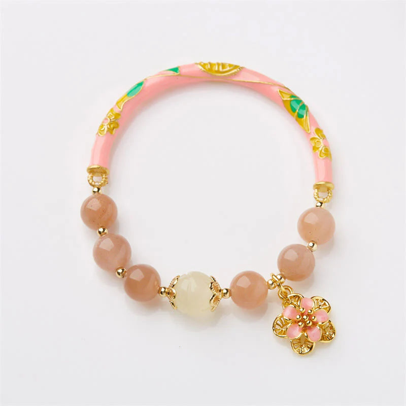Buddha Stones Natural Sun Stone Golden Silk Jade Flower Charm Wealth Bracelet Bangle