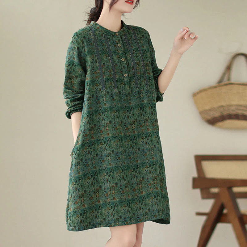 Buddha Stones Retro Printed Floral Women's Accordion Pleats Design Long Sleeve Shirt With Pockets