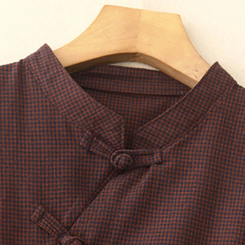 Buddha Stones Fall Brown Plaid Stand Collar Frog-Button Design Long Sleeve Midi Dress With Pockets