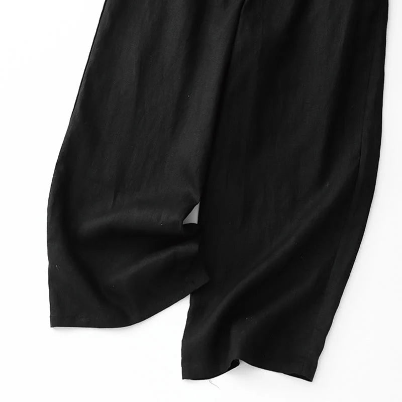 Buddha Stones Summer Plain Color Ankle-Length Drawstring Cotton Linen Women's Wide Leg Pants With Pockets Zipper