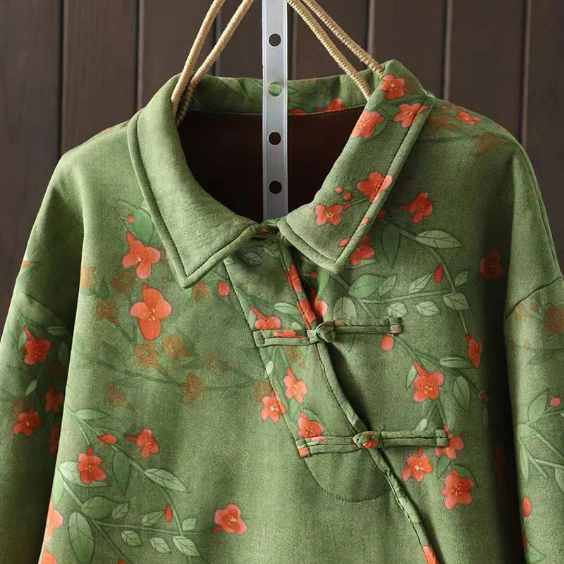 Buddha Stones Winter Flower Green Leaves Frog-Button Stand Collar Long Sleeve Women's Cotton Shirt
