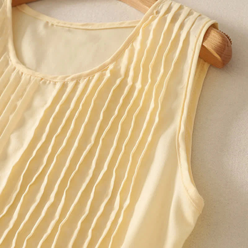 Buddha Stones Summer Pure Color Accordion Pleats Sleeveless Knee Length Dress With Pockets