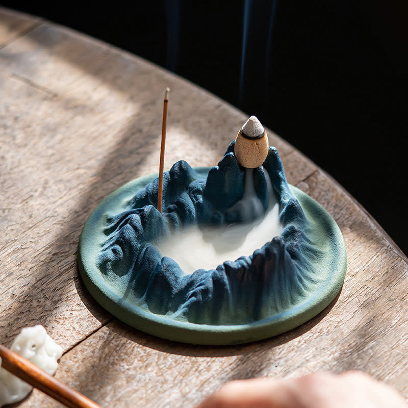 Buddha Stones Creative Mountain River Ceramic Healing Backflow Incense Burner