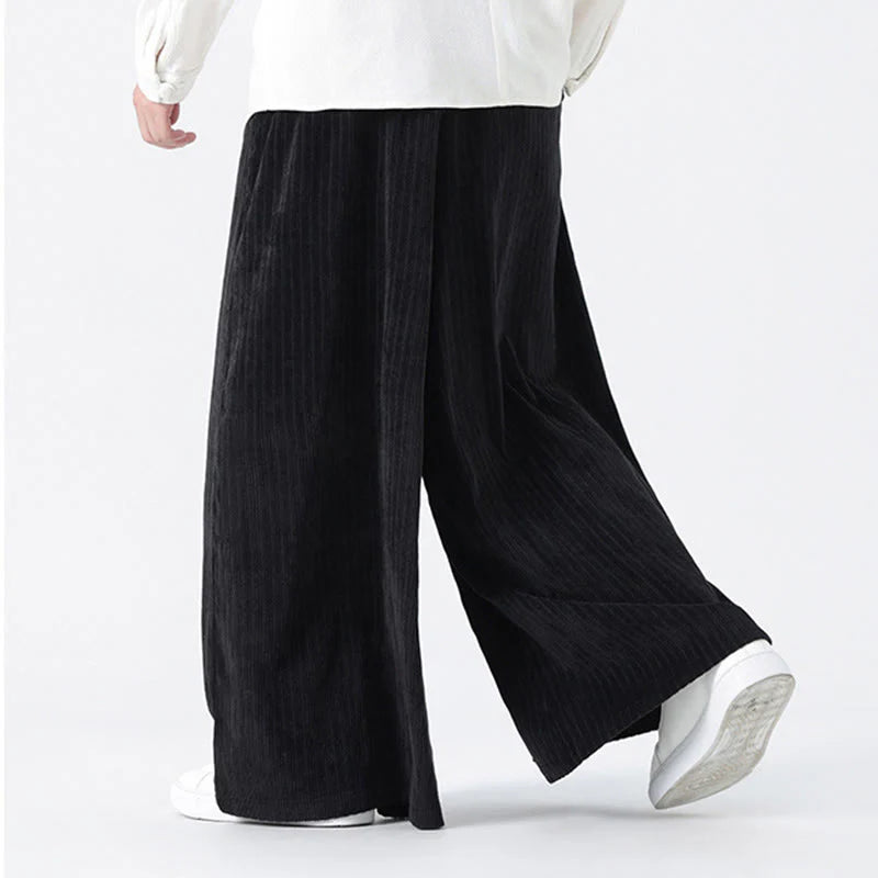 Buddha Stones Casual Embroidery Drawstring Design Men's Corduroy Wide Leg Pants With Pockets