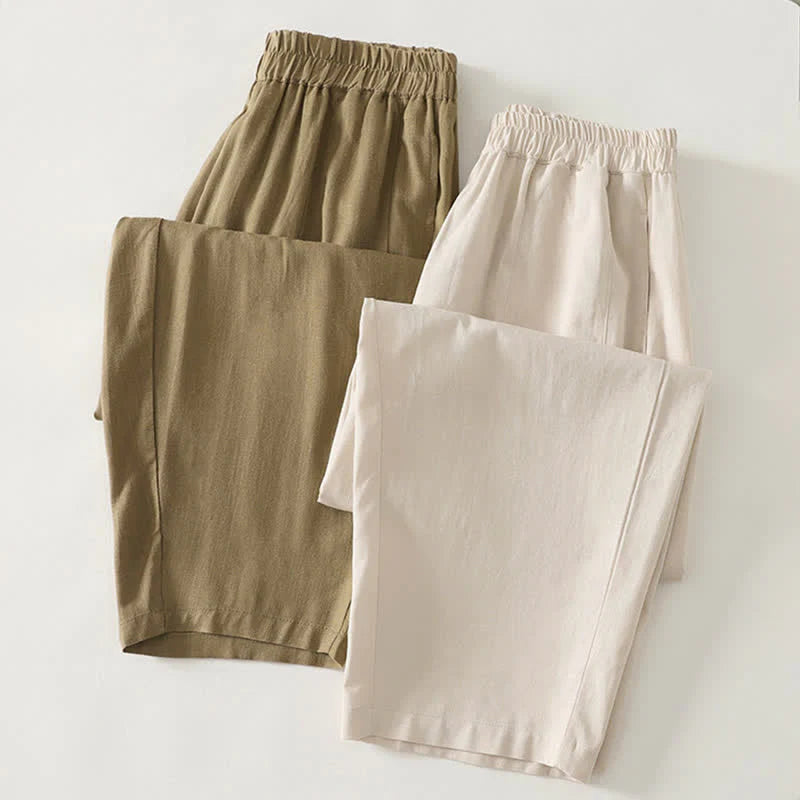 Buddha Stones Spring Solid Color Elastic Waist Cotton Women's Straight Leg Pants With Pockets