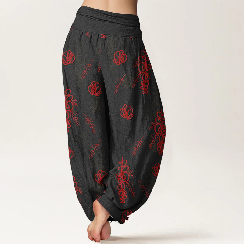 Buddha Stones Print Hand-painted Flowers Branches Pattern Women's Elastic Waist Harem Cotton Pants