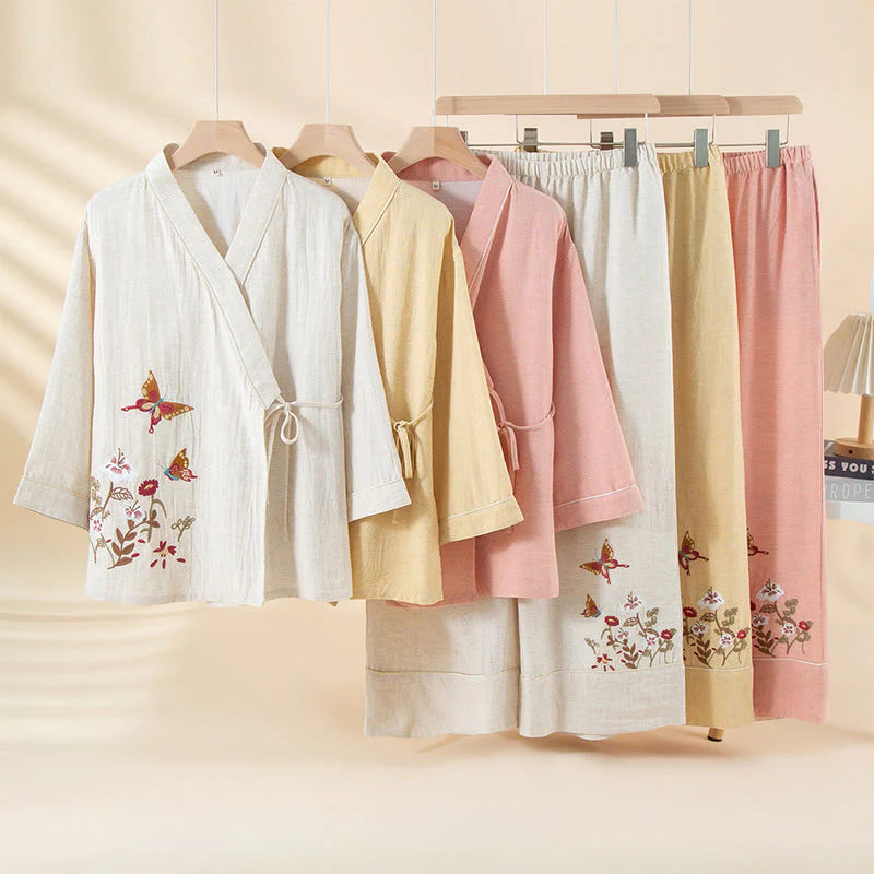 Buddha Stones 2pcs Colorful Floral Butterfly Long Sleeve V-Neck Shirt Pants Cotton Pajamas Set With Pockets