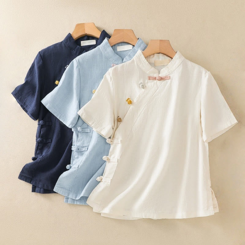 Buddha Stones Casual Plain Slant Stand Collar Collar Colorful Frog-Button Tang Suit Women's Cotton Linen Three Quarter Sleeve Shirt Cardigan