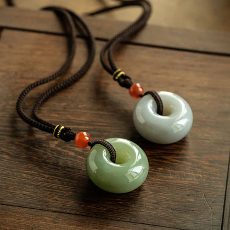 Buddha Stones Natural Round Jade Gray Jade Peace Buckle Luck Necklace Pendant