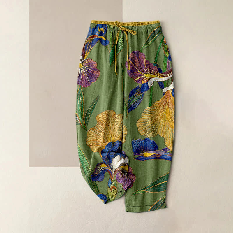 Buddha Stones Cotton Colorful Iris Floral Elastic Waist Drawstring Women's Pants With Pockets