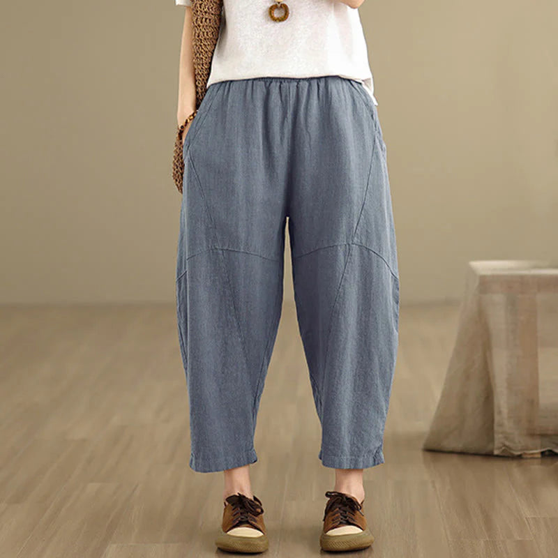 Buddha Stones Spring 7-8 Length Solid Color Women's Cotton Linen Harem Pants With Pockets
