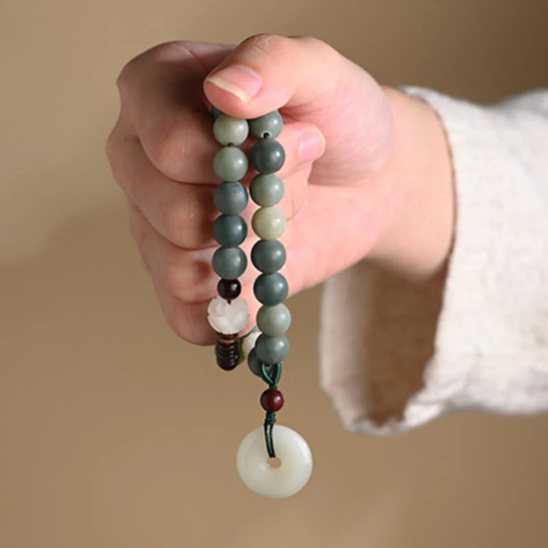 Buddha Stones Cyan Bodhi Seed Lotus Jade Peace Buckle Wisdom Double Wrap Bracelet