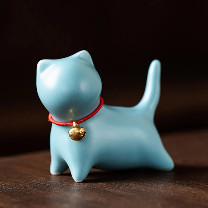 Buddha Stones Mini Cute Standing Lying Cat Tea Pet Ceramic Home Desk Figurine Decoration