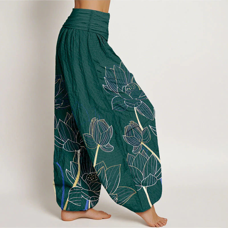 Buddha Stones Pure Cotton Minimalist Style Lotus Flower Pod Pattern Women's Elastic Waist Harem Pants