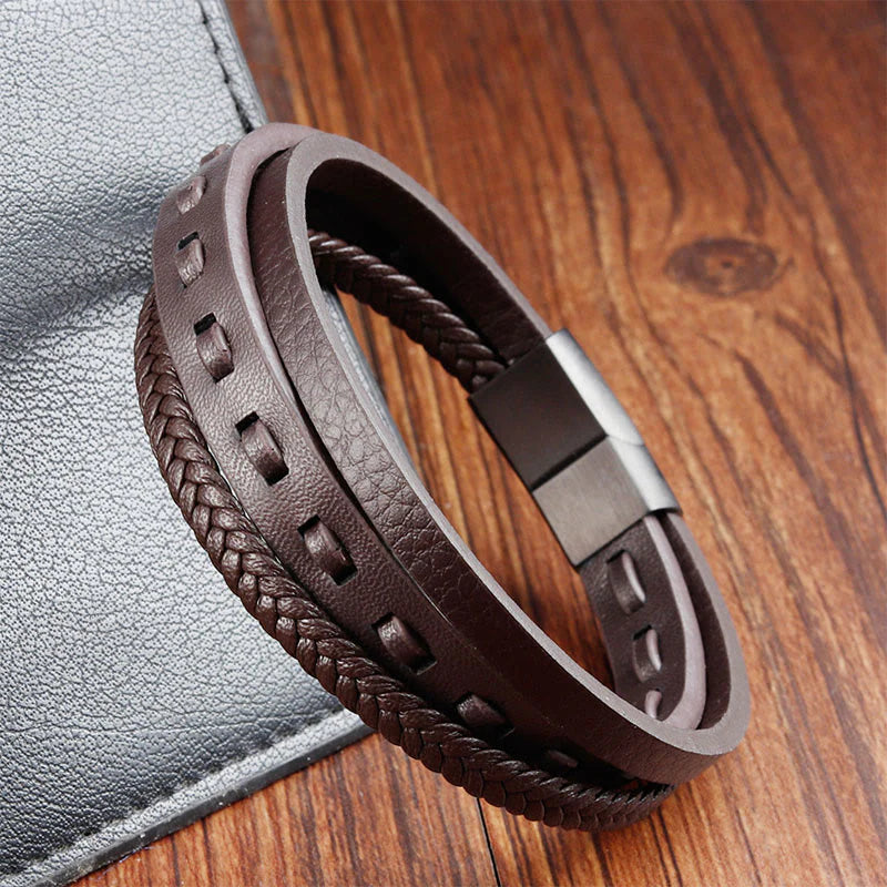 Buddha Stones Titanium Steel Buckle Multilayered Braided Leather Calm Bracelet