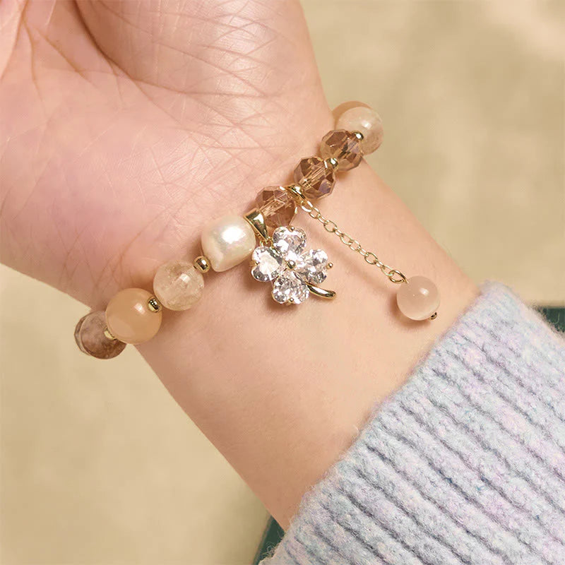 Buddha Stones Four Leaf Clover Amethyst Citrine Green Strawberry Quartz Rutilated Quartz Balance Bracelet