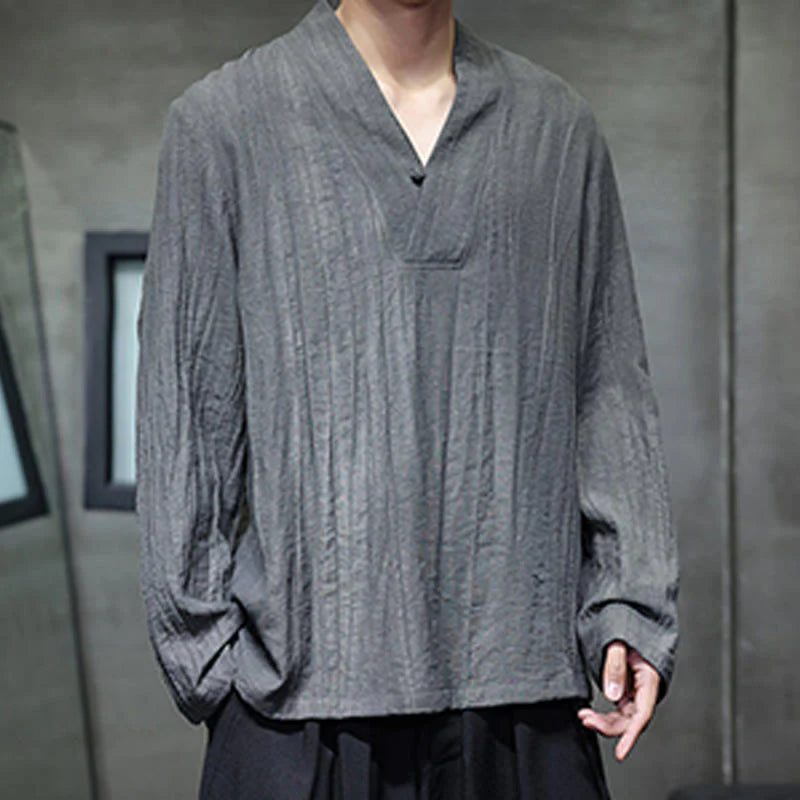 Buddha Stones Plain V-Neck Long Sleeve Men's Linen Shirt