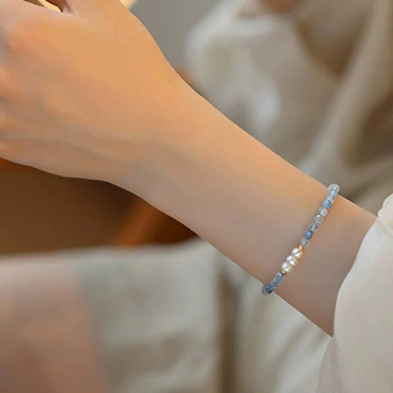 Buddha Stones Natural Aquamarine Fine 4mm Bead Pearl Serenity Bracelet