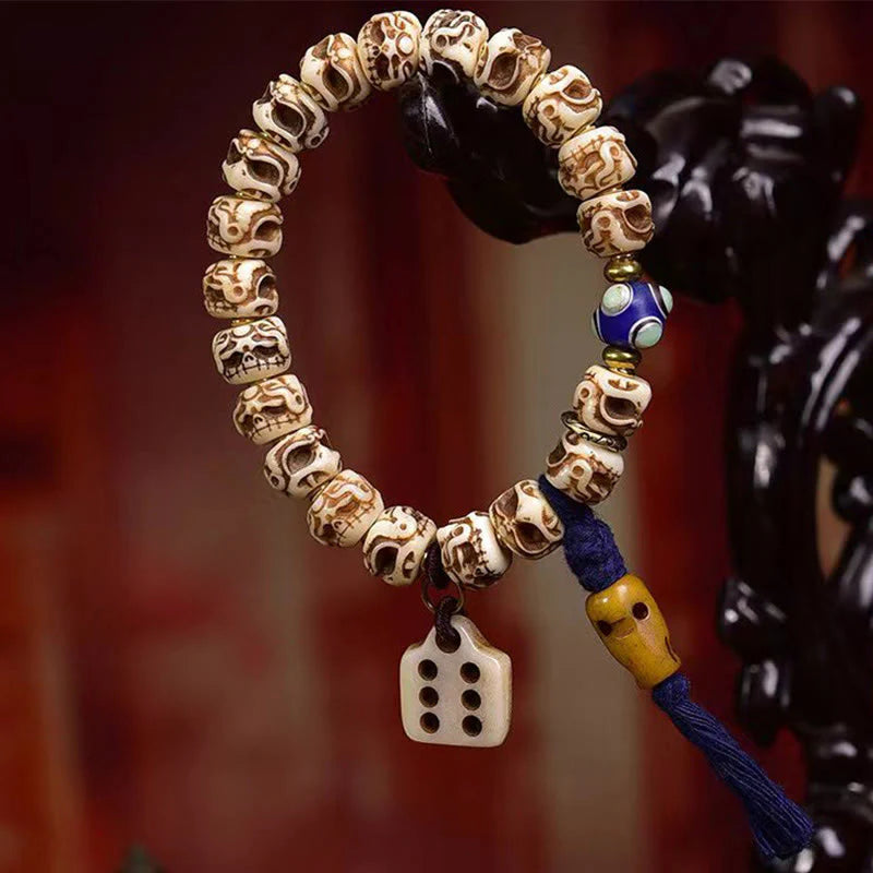 Buddha Stones Tibetan Camel Bone Garuda Carved Protection Tassel Bracelet