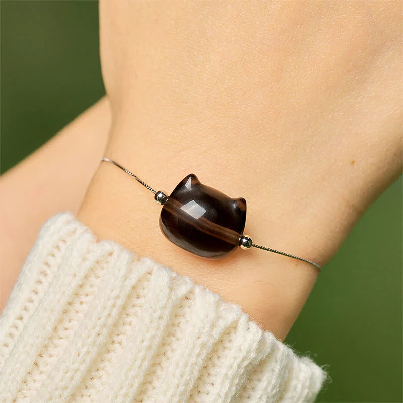Buddha Stones 925 Sterling Silver Cat Natural Ice Obsidian Positive Bracelet