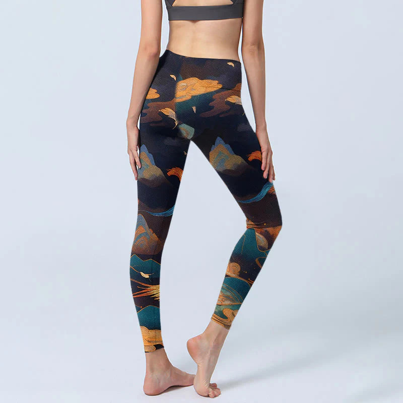 Buddha Stones Gorgeous Phoenix Cloud Mountain Pattern Print Gym Leggings Women's Yoga Pants