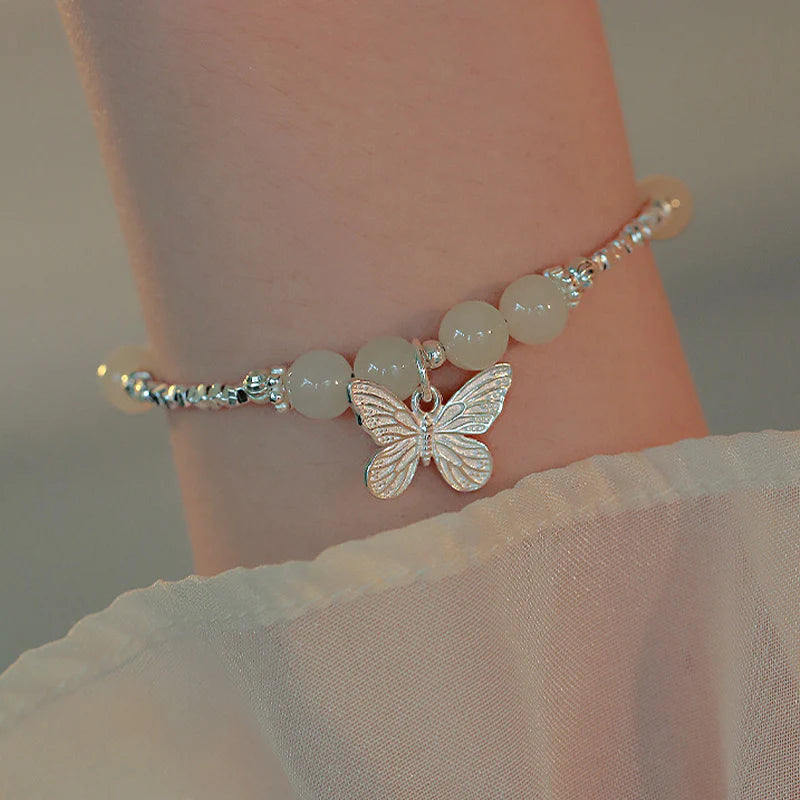 Buddha Stones 925 Sterling Silver Natural Hetian Jade Luck Butterfly Charm Bracelet