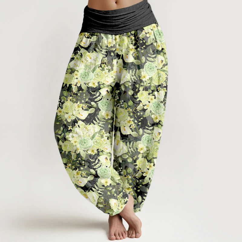Buddha Stones Cotton Pastoral Flower Pattern Women's Elastic Waist Harem Pants