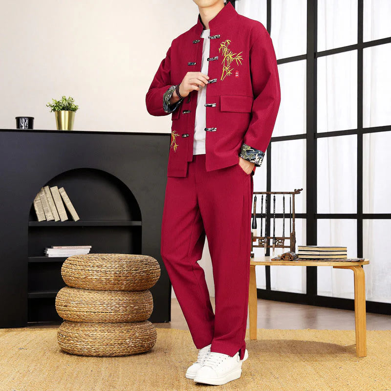 Buddha Stones 2Pcs Tang Suit Bamboo Frog-Button Men's Long Sleeve Shirt Pants Clothing Set