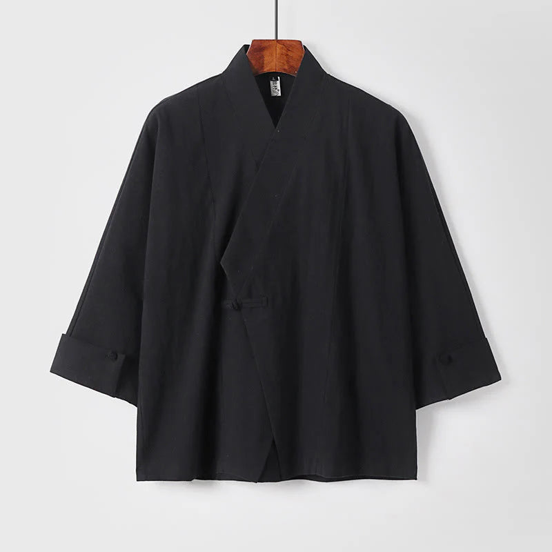 Buddha Stones Plain One Chinese Frog-Button Jacket Cotton Linen Men's Half Sleeve Kimono