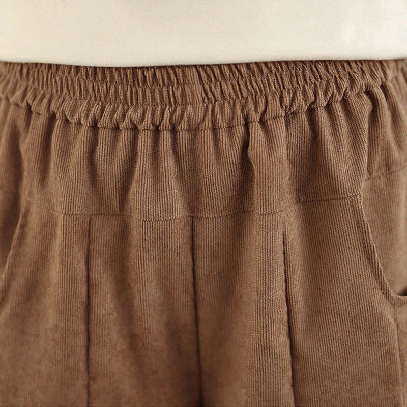 Buddha Stones Spring Plain Brown Corduroy Women's Wide Leg Pants With Pockets