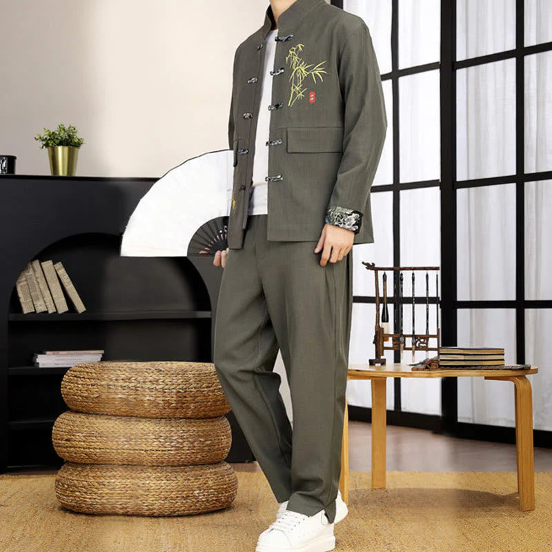 Buddha Stones 2Pcs Tang Suit Bamboo Frog-Button Men's Long Sleeve Shirt Pants Clothing Set