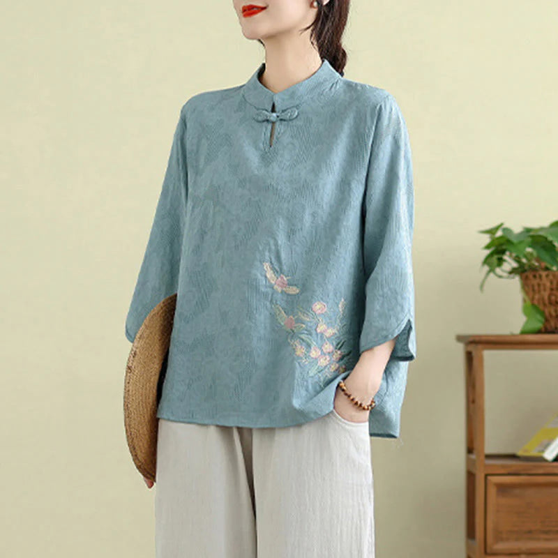 Buddha Stones Flower Embroidery Three Quarter Sleeve One Frog-Button Mandarin Collar Cotton Women's Shirt