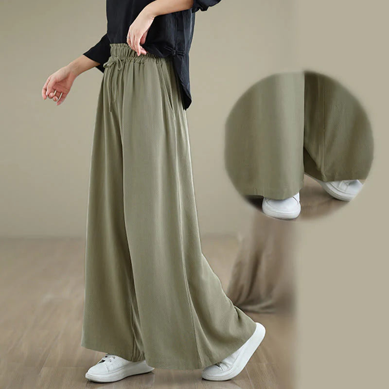 Buddha Stones Women's Pure Color Drawstring Cotton Linen Wide Leg Ankle-Length Pants With Pockets