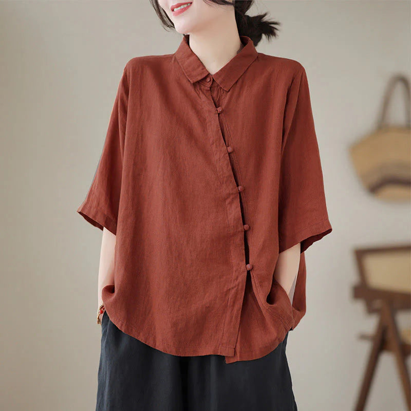 Buddha Stones Lapel Frog-Button Diagonal Placket Design Three Quarter Sleeve Women's Cotton Shirt