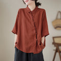 Buddha Stones Lapel Frog-Button Diagonal Placket Design Three Quarter Sleeve Women's Cotton Shirt