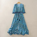 Buddha Stones Summer Peacock Paisley Tie Waist Viscose Lantern Sleeves Maxi Dress