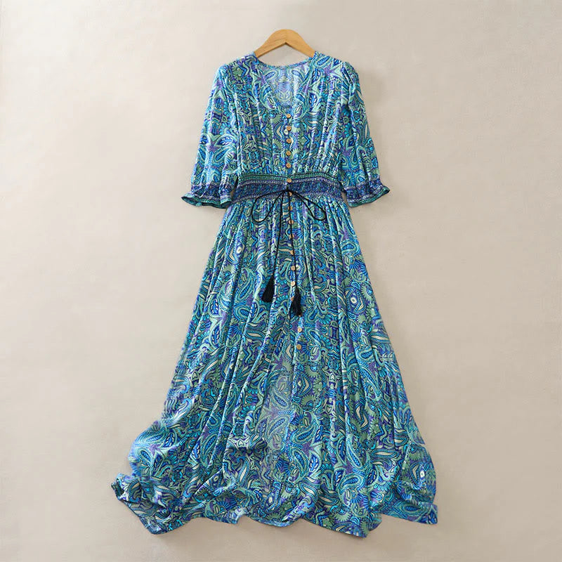 Buddha Stones Summer Peacock Paisley Tie Waist Viscose Lantern Sleeves Maxi Dress