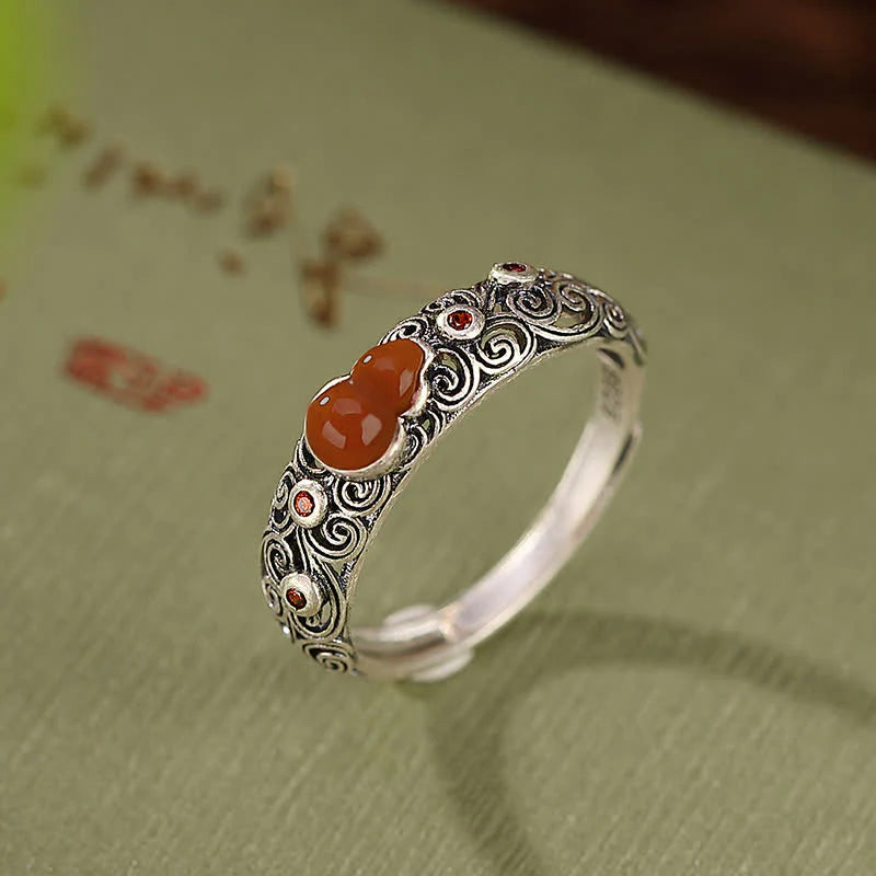 Buddha Stones 925 Sterling Silver Red Agate Cyan Jade Gourd Blessing Auspicious Ring