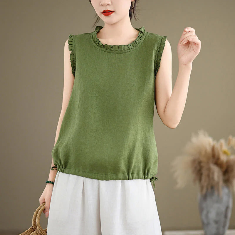 Buddha Stones Summer Ruffled Design Drawstring Crew Neck Cotton Linen Women's Sleeveless Vest