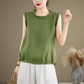 Buddha Stones Summer Ruffled Design Drawstring Crew Neck Cotton Linen Women's Sleeveless Vest