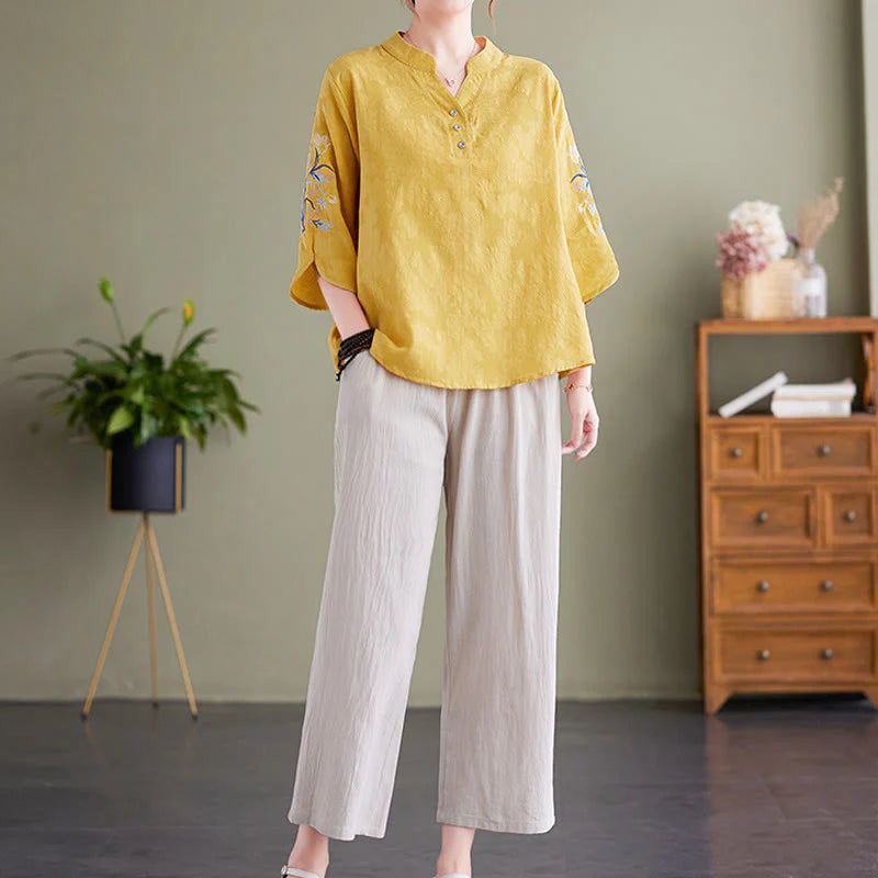 Buddha Stones Summer Embroidery Flower Three Quarter Sleeve Design Women's Cotton Linen  Notched Collar Shirt